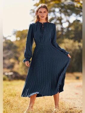 Long Sleeve Navy Pleated Midi Dress